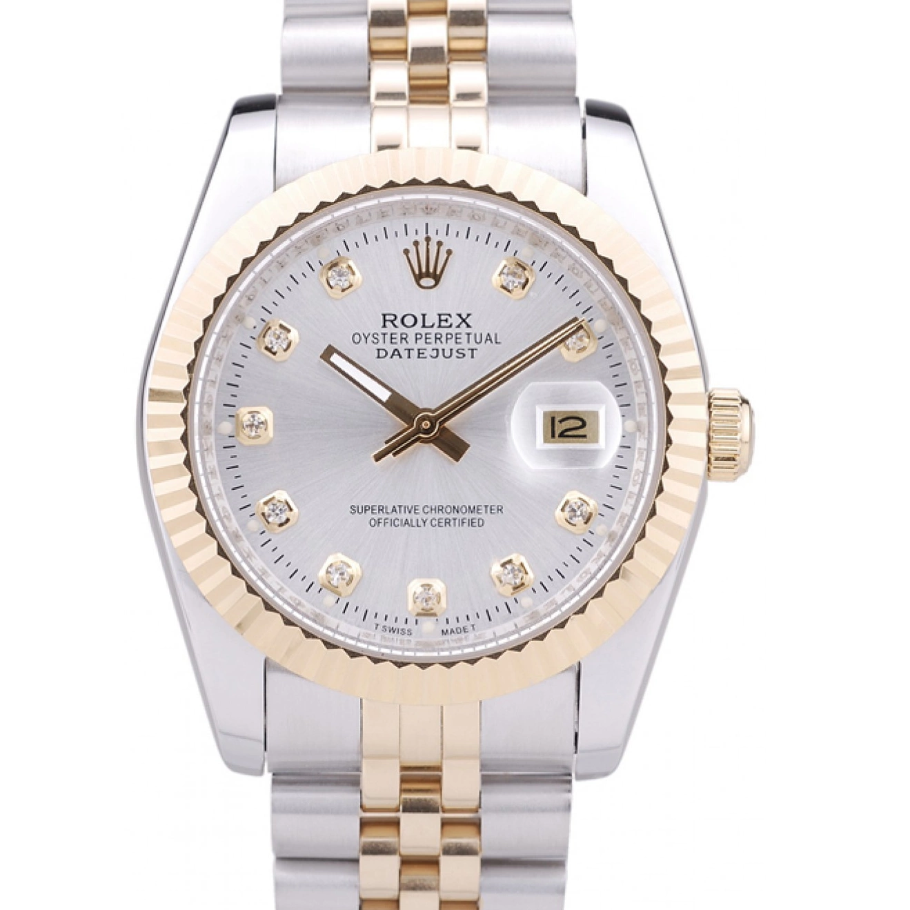 Aaa replica Silver Dial Datejust Diamonds Ribbed Rolex 7454 Bezel 0702